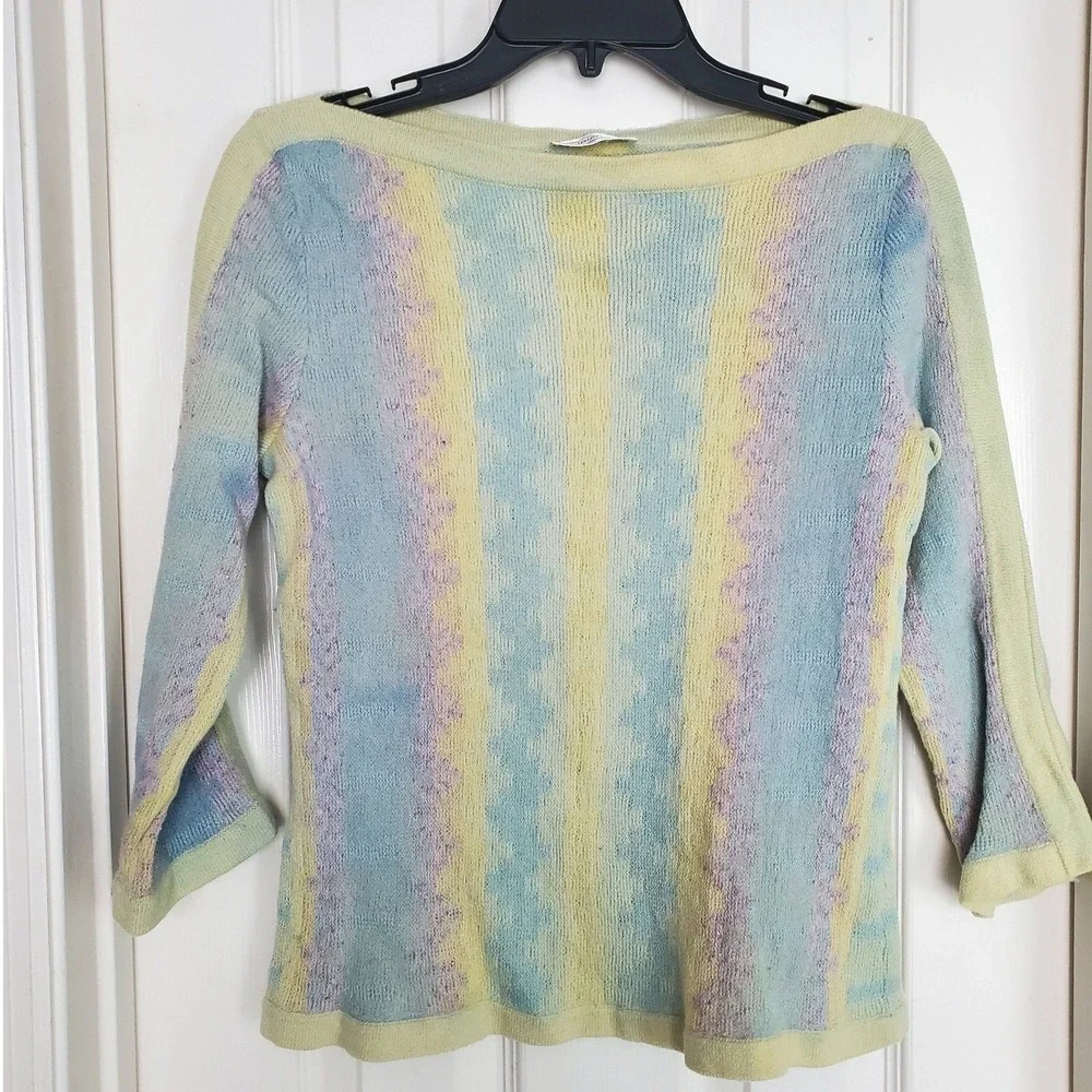 St John Sweater Pastel Multi Color Santana Knit Boat Neck 3/4 Sleeve Vintage M